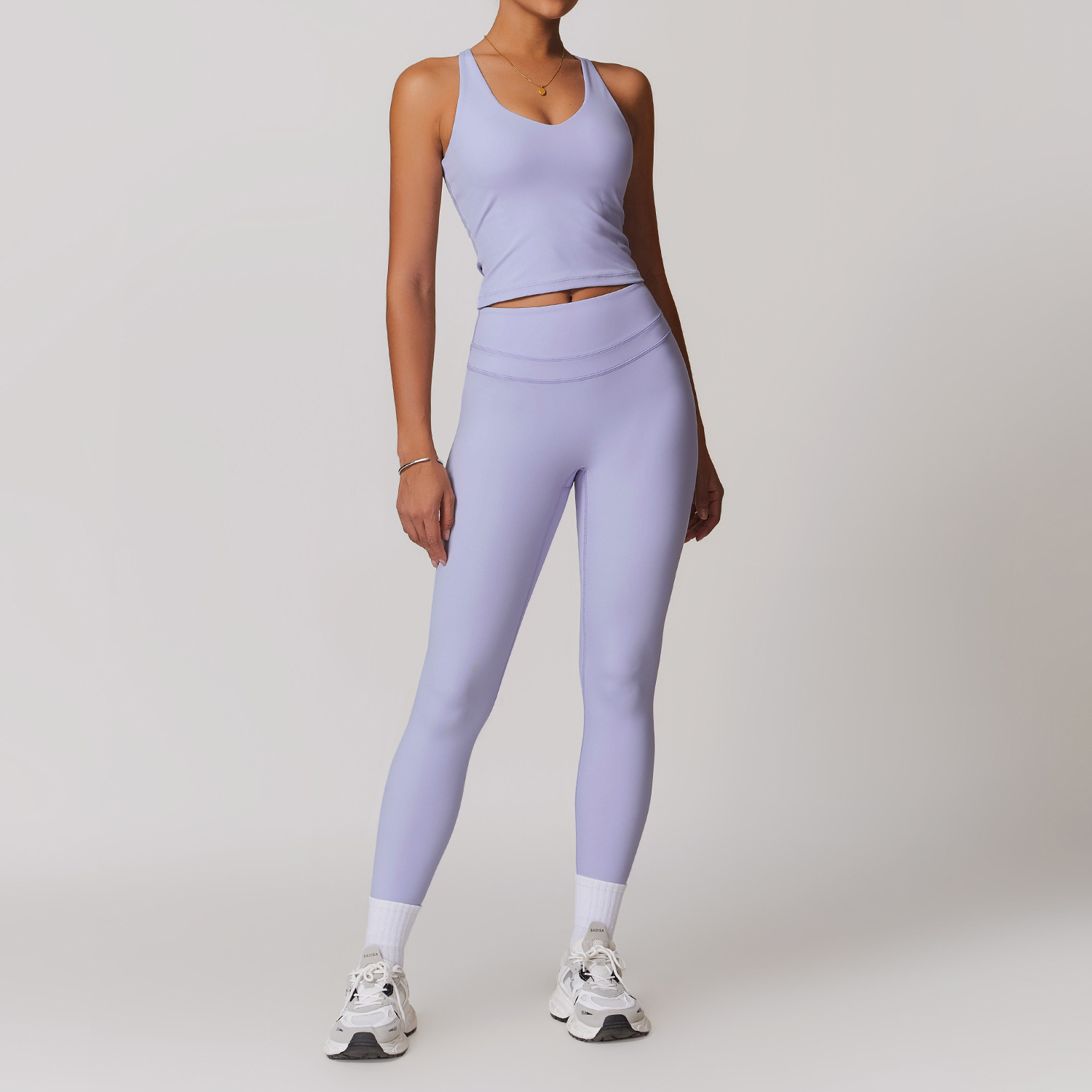 Women's Light Purple 7/8 Yoga Leggings Set, 2 Piece High Waist Workout Outfit, Seamless Buttery Soft Sports Bra + Cropped Leggings, Gym Fitness Activewear