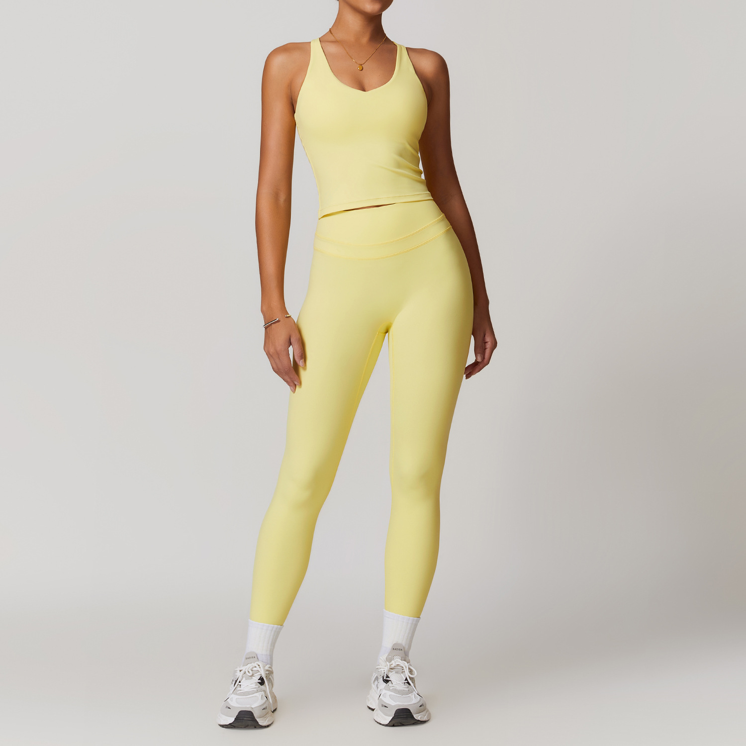 Women's Yellow Yoga Leggings Set, 2 Piece High Waist Workout Outfit, Seamless Buttery Soft Sports Bra + Leggings, Gym Fitness Activewear