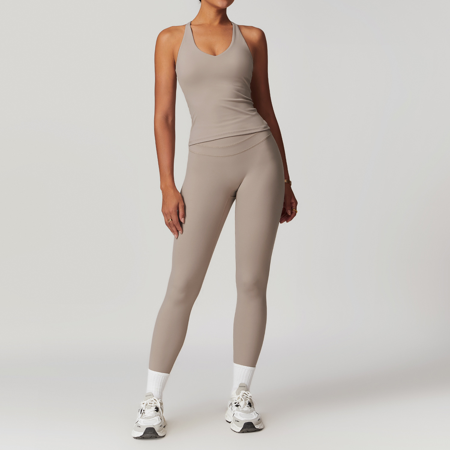 Women's Light Grey Yoga Leggings Set, Seamless 2 Piece Workout Outfit, Buttery Soft Sports Bra + High Waist Leggings, Gym Activewear