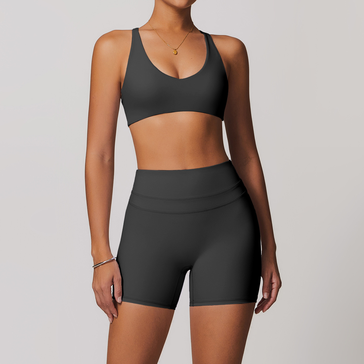 Women's Dark Grey Yoga Shorts Set, Seamless High Waist Workout Outfit, Buttery Soft Sports Bra + Biker Shorts, Gym Fitness Activewear