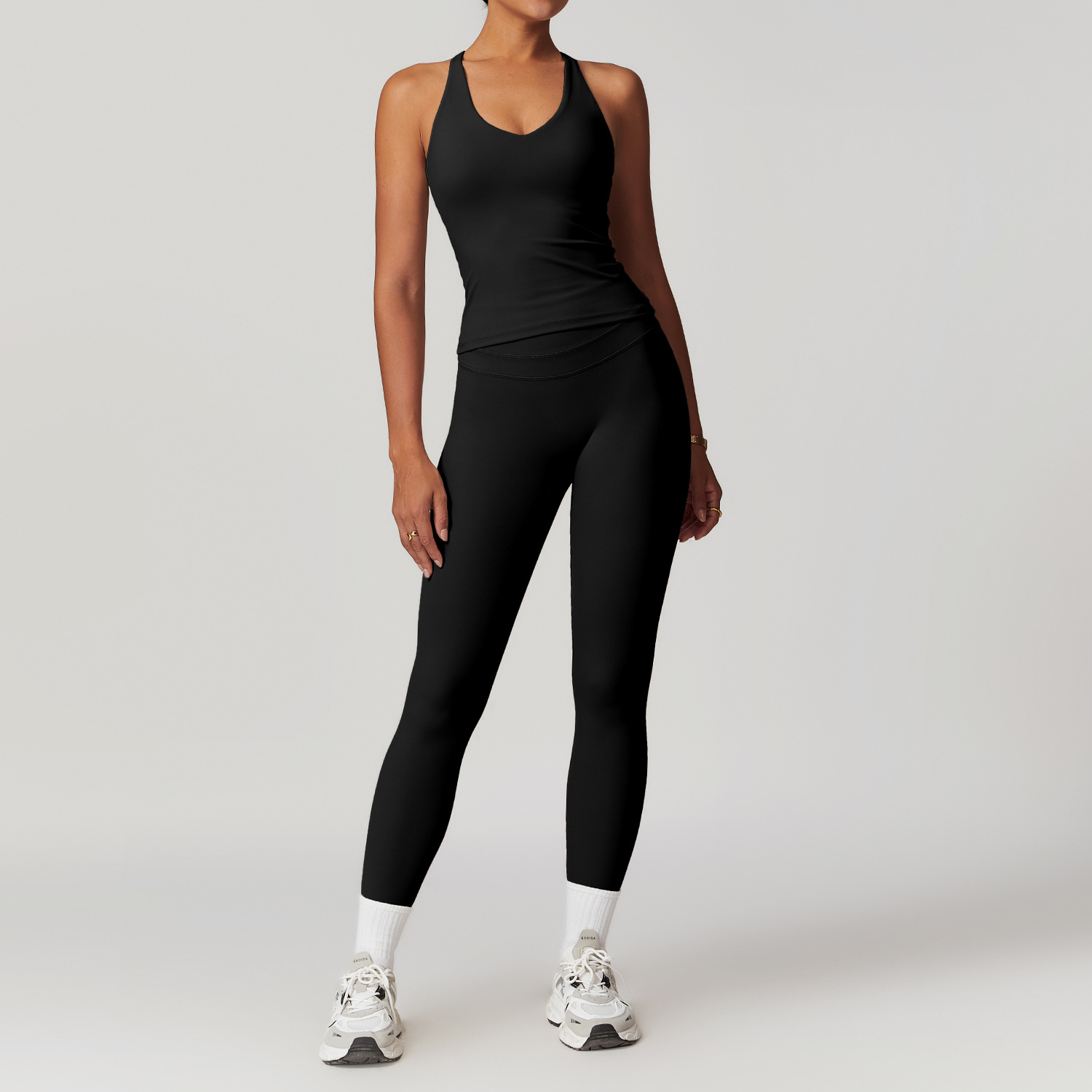 Women's Black Yoga Leggings Set, High Waist Seamless Workout Outfit, Buttery Soft Sports Bra + Full Length Leggings, Gym Fitness Activewear